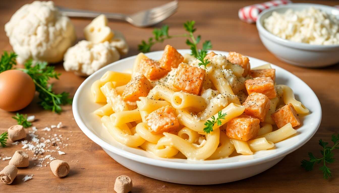 Gratin de pâtes au chou-fleur et saumon : recette savoureuse