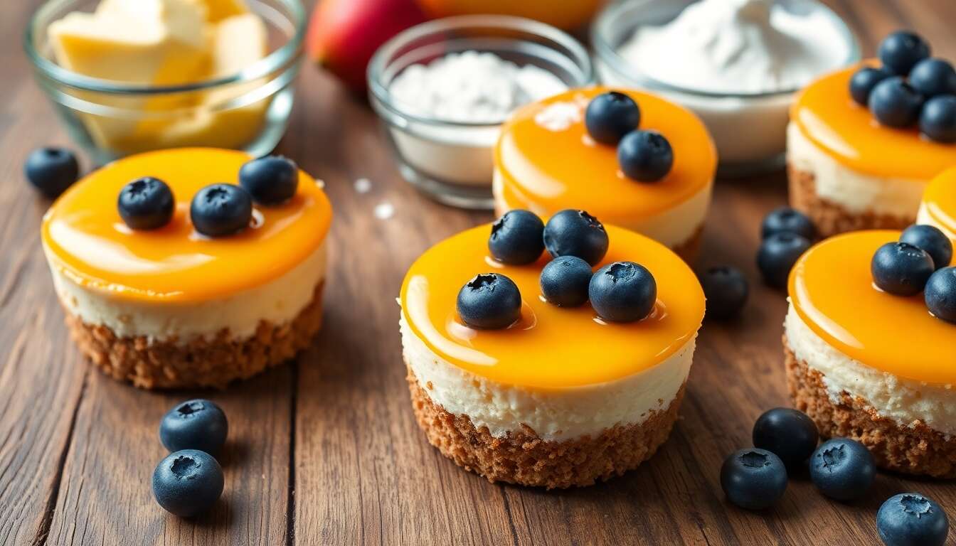 Petits cheesecakes mangue et myrtilles : recette gourmande