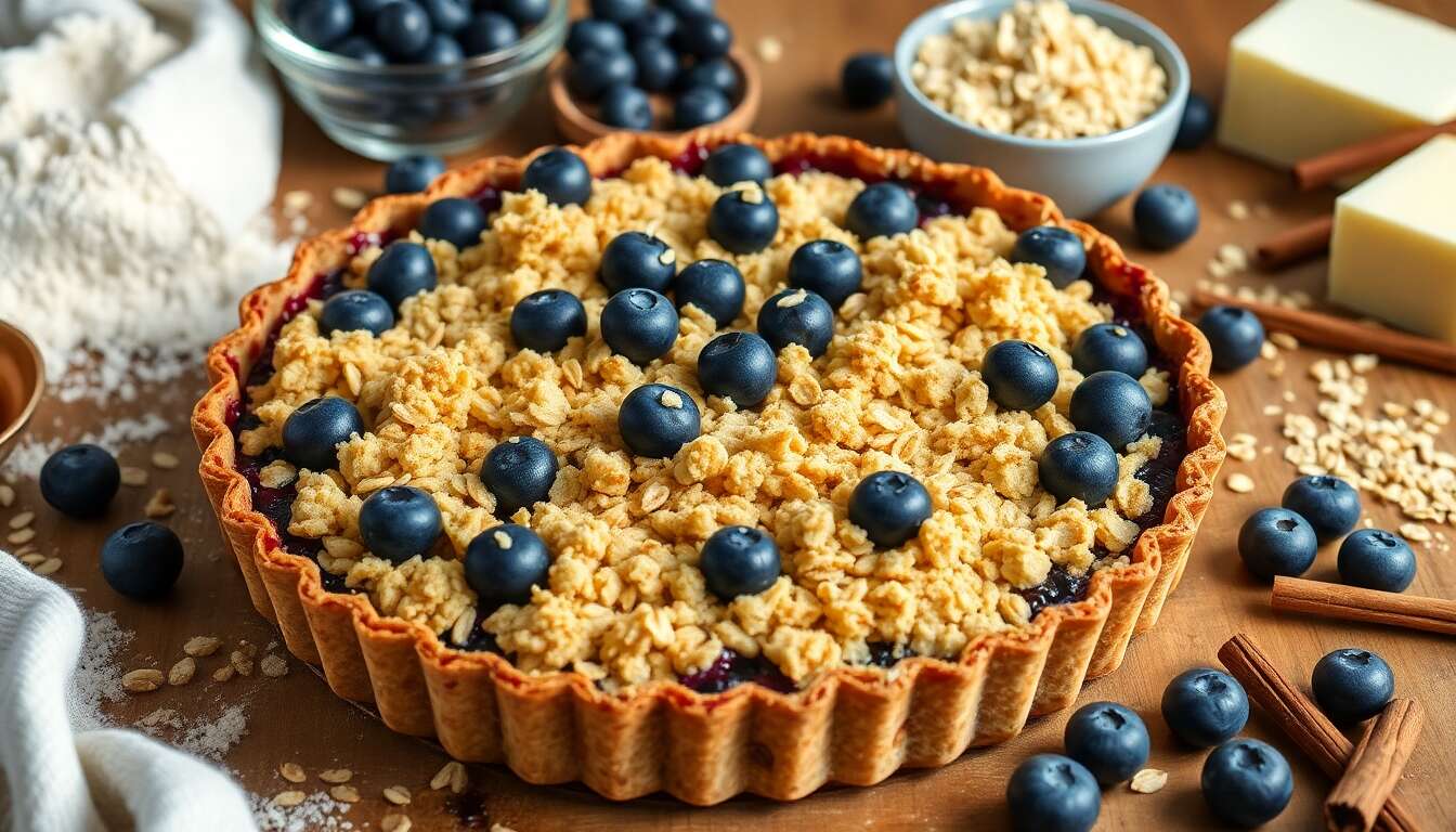Recette de tarte aux myrtilles avec crumble croquant