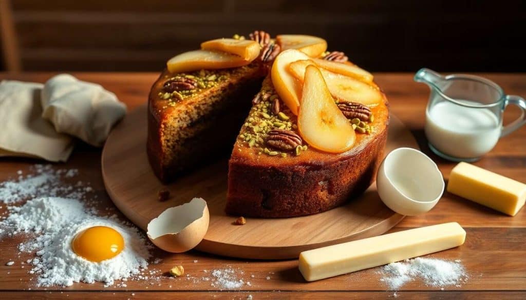 Recette de gâteau aux poires, noix de pécan et pistaches
