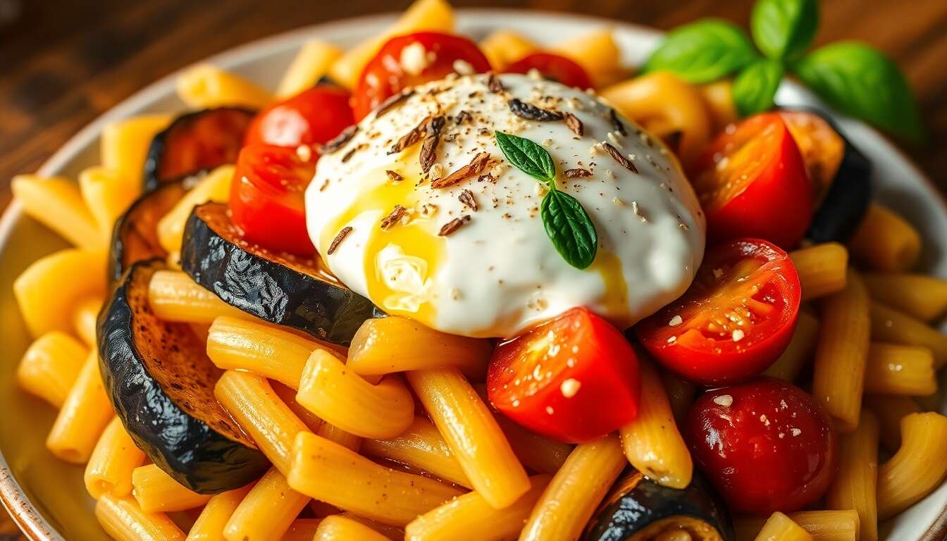 Recette de macaronis à l'aubergine, tomate et burrata : un plat savoureux