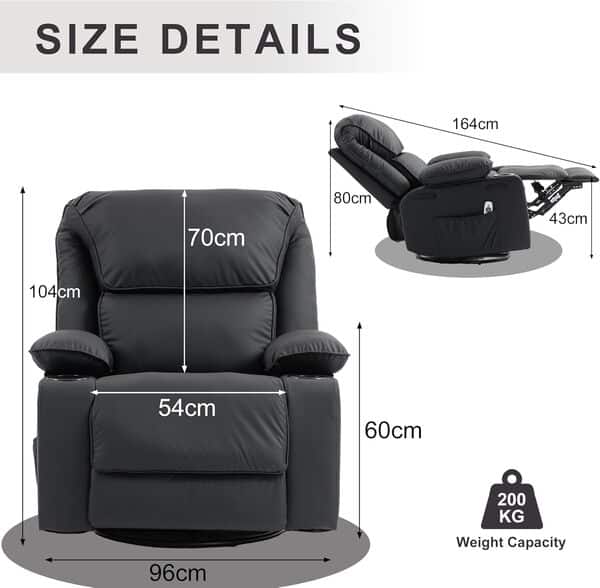 Fauteuil de Relaxation Chaise massant avec Dossier Inclinable Manuellement 150° Incluse Massage en 8 Points et Fonction Chauffante,Pivotement à 360