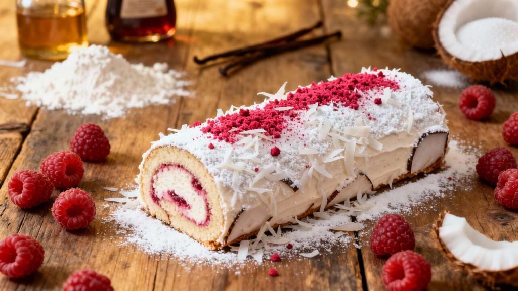 Bûche de Noël roulée coco et framboises : recette festive