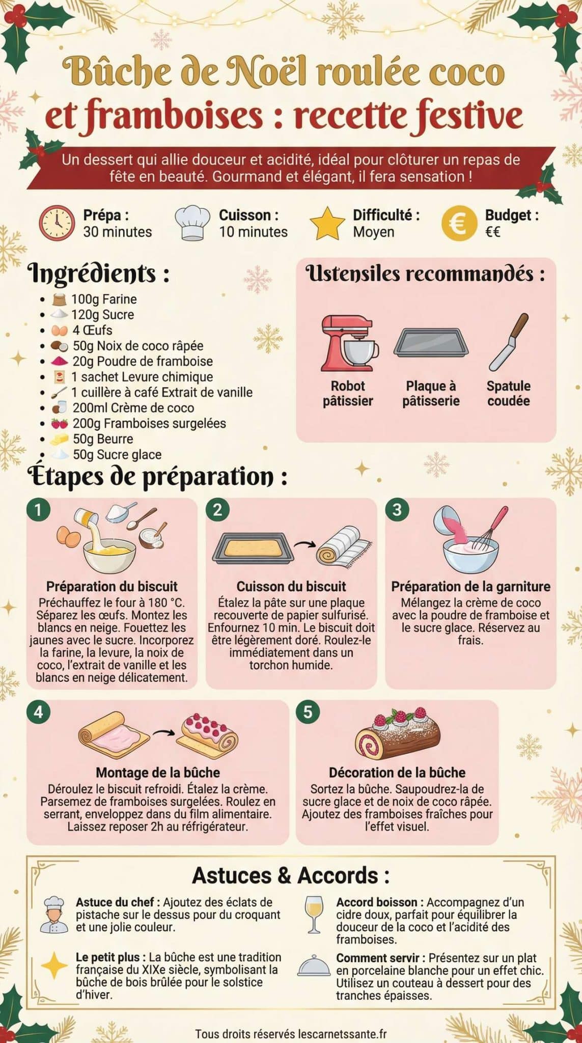 Infographie de la recette Bûche de Noël roulée coco et framboises : recette festive Infographie de la recette Bûche de Noël roulée coco et framboises : recette festive