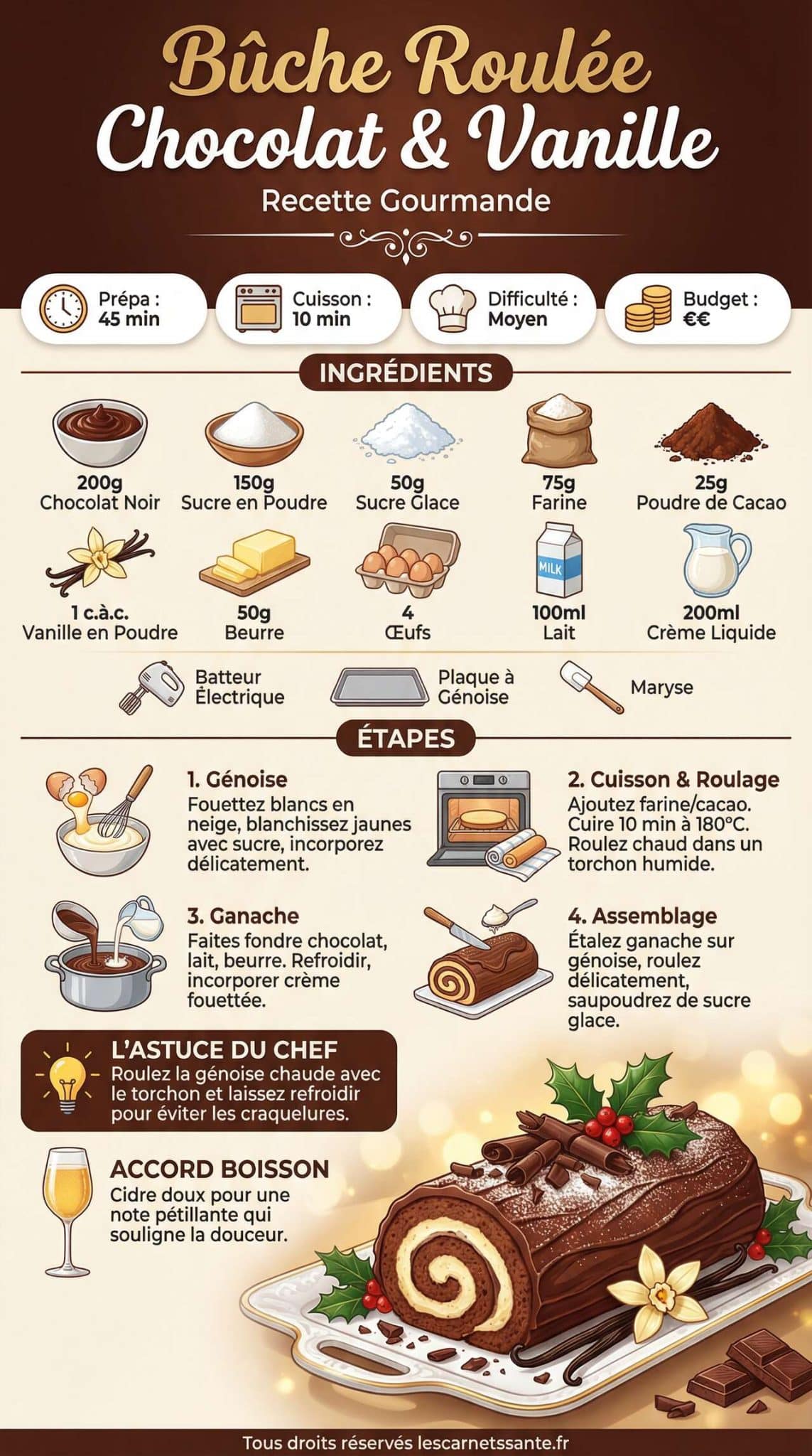 Infographie de la recette B&ucirc;che roul&eacute;e chocolat et vanille : recette gourmande