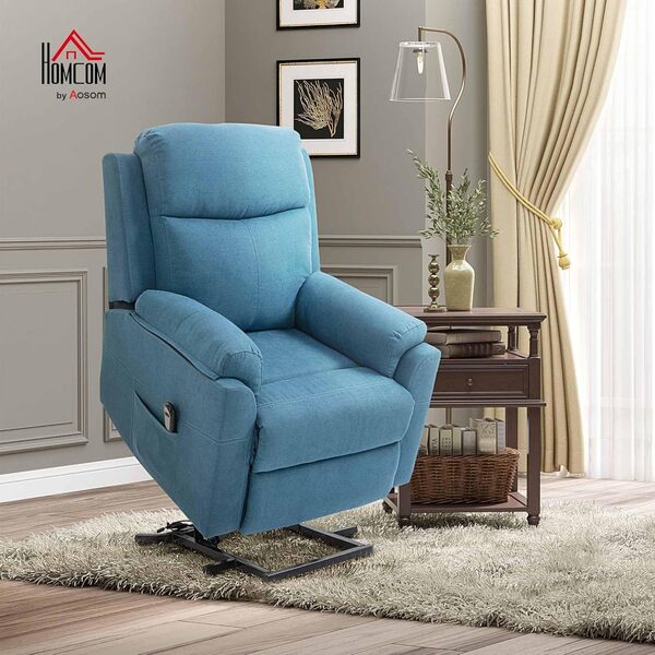 HOMCOM Fauteuil releveur électrique, Fauteuil Relax électrique avec Repose-Pied, Dossier inclinable, télécommande et Poche latérale Charge 120kg Tissu Aspect Lin Bleu