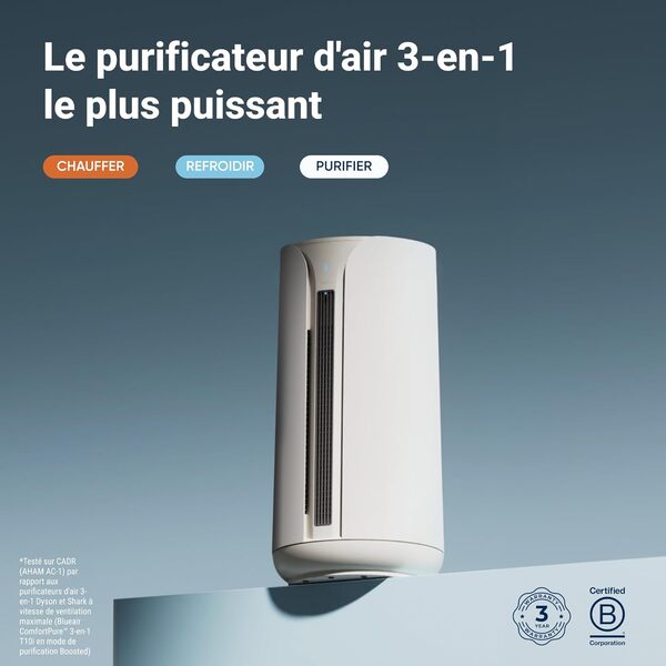 BLUEAIR Purificateur d’Air 3 en 1 – Chauffage, Refroidissement, Purification | Silencieux avec Filtre HEPA pour Maison, Allergies, Animaux, Poussière, Fumée, Odeurs | ComfortPure T10i