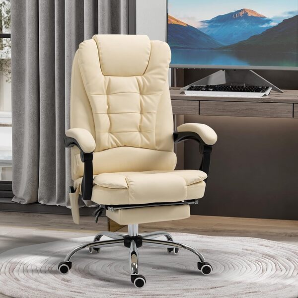 Vinsetto Fauteuil de massage pivotant et ergonomique à hauteur réglable avec 6 points vibrants, 65 x 160 x 104 cm, crème