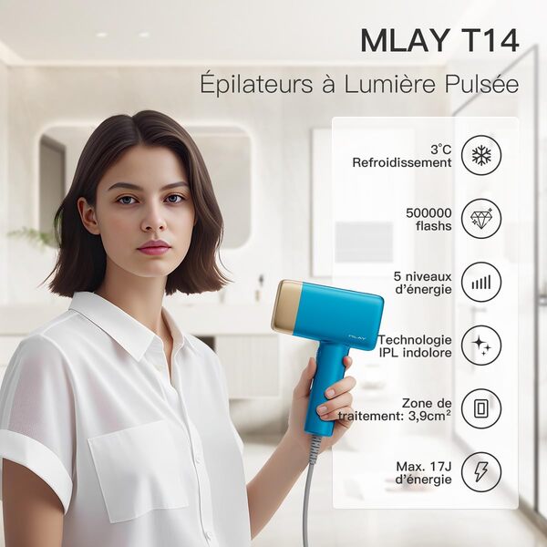 MLAY T14 IPL Epilateur Lumiere Pulsee avec Fonction de Refroidissement 3℃, 0,5s/flash,500 000flashs,3en1 Epilation Laser pour Femme Homme Visage Bikini, Indolore pour Le Corps Entier Épilateur Laser