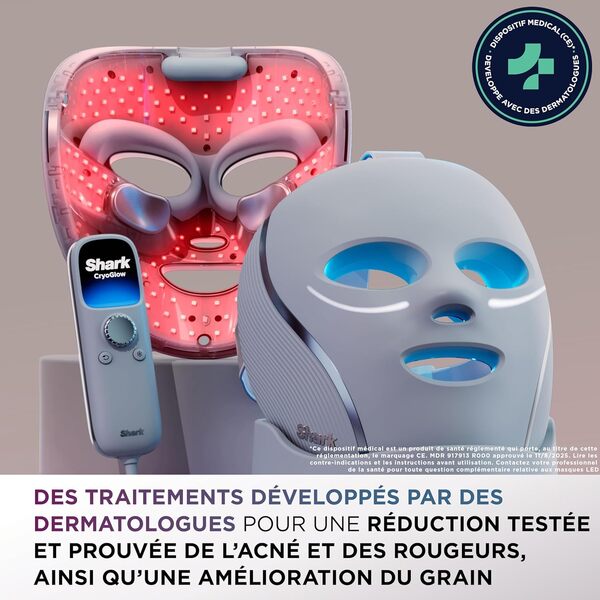 Shark CryoGlow Masque LED avec rafraîchissement du contour des yeux, LED rouge et bleue, photothérapie par lumière infrarouge, USB-C, télécommande, sac de rangement, sangles réglables, lilas FW312EUPL