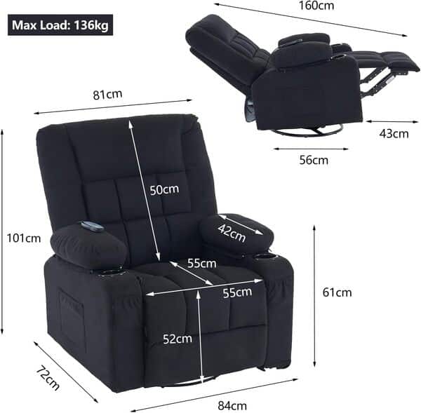 Fauteuil Relax Électrique avec Fonction de Massage et Chauffage, Inclinable avec Poche Latérale, 2 Porte-Gobelets et Port USB, Fauteuil TV Confortable pour Salon et Home Cinéma (Black)