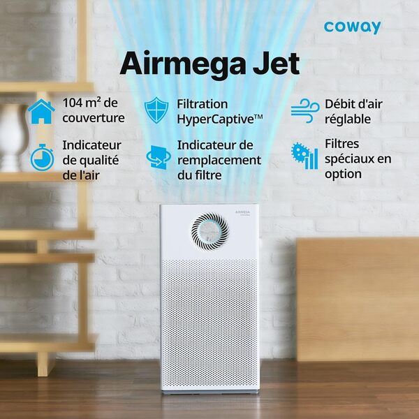 COWAY Purificateur d'air Maison, Chambre, Bureau, Technologie Megajet, Elimine 99,99% Particules Nocives 0,01 µm Allergies (Certifié ECARF), Fumée, Pollen, Animaux Dom, CADR 402m³/h - AIRMEGA JET