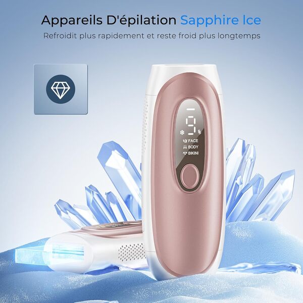 Épilateur Lumière Pulsée IPL avec Technologie de Refroidissement Saphir, 9 Niveaux d'énergie, Astuces Intelligentes Pour le Corps/bikini/visage - Flashs Illimités