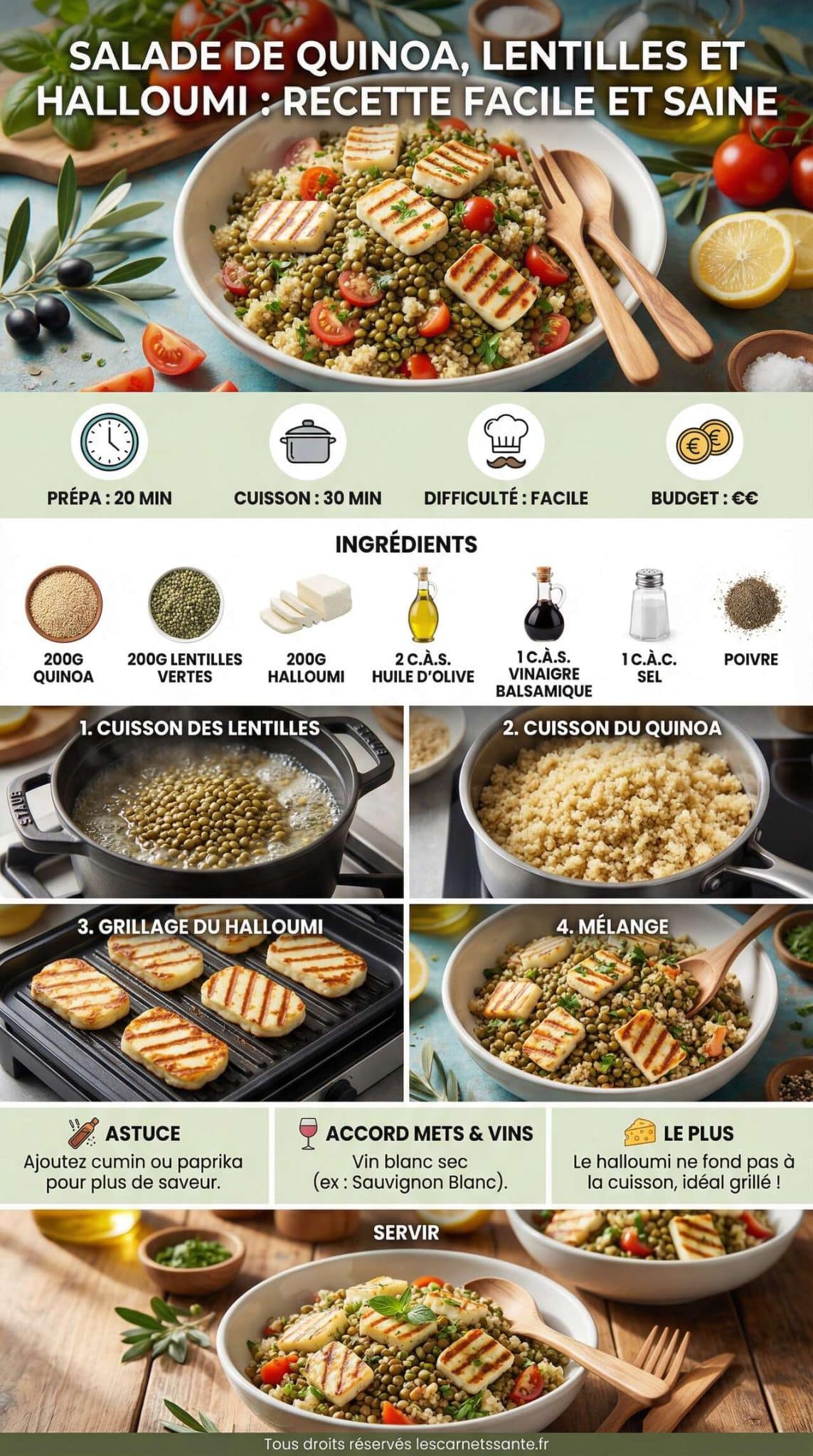 Fiche recette Salade de quinoa, lentilles et halloumi : recette facile et saine