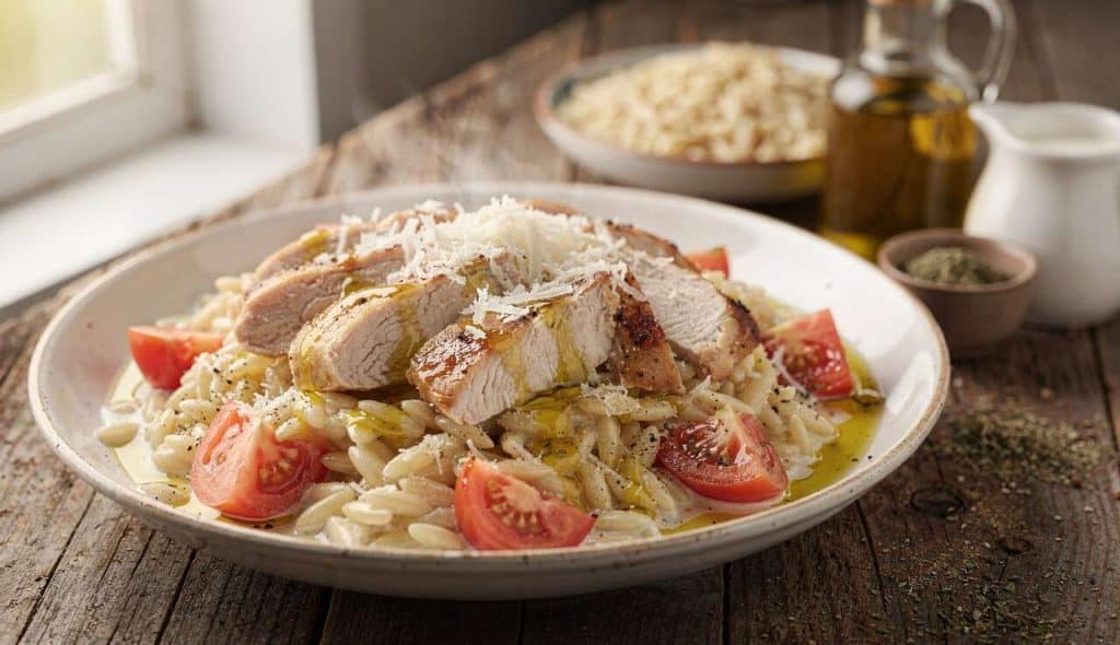 Orzo crémeux au poulet et tomates : recette savoureuse