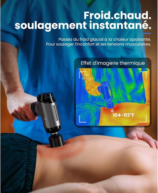 Bob and Brad T2 Pro Pistolet de Massage avec Tête Thermique (Chaud & Froid) - Masseur Musculaire Percussif pour le Dos, la Nuque et le Sport - Amplitude 10mm, Batterie 4000mAh USB-C, Noir