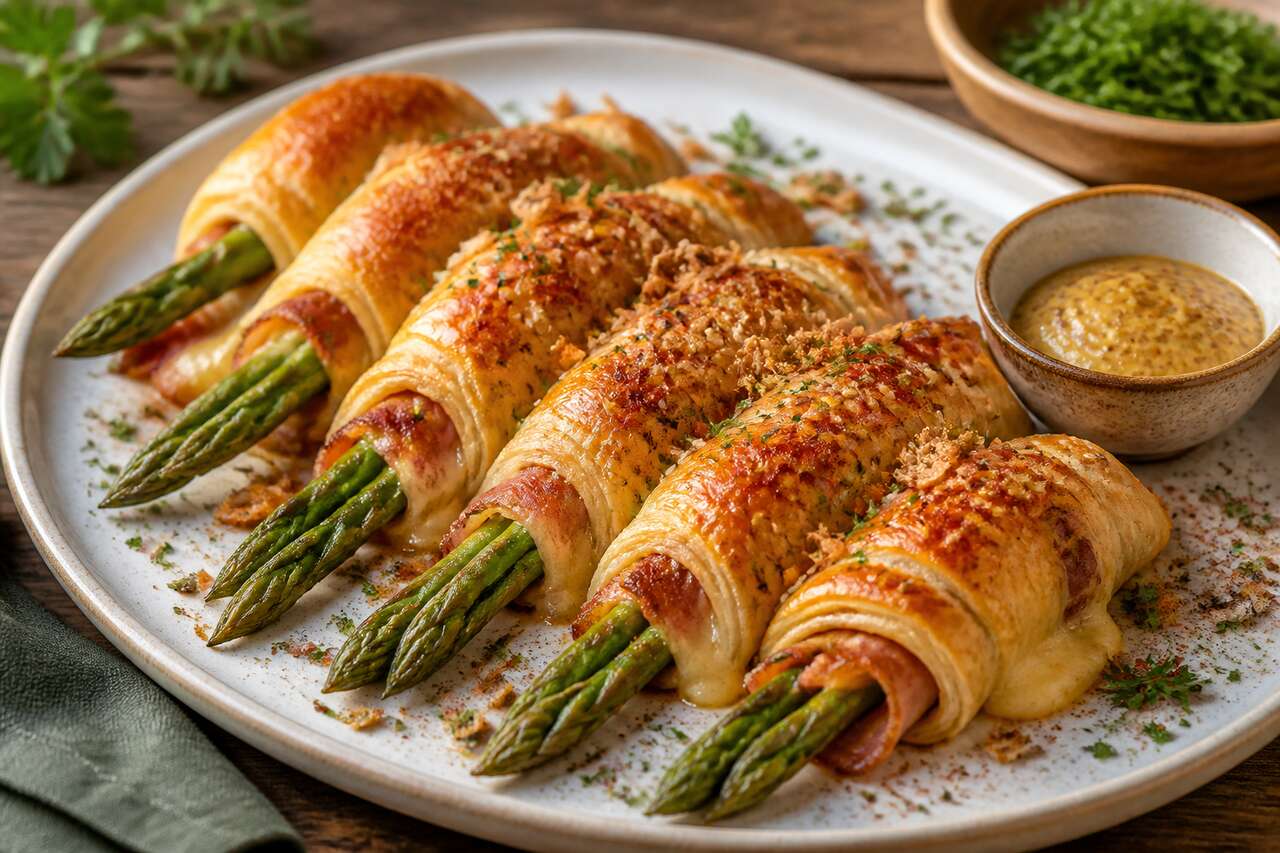 Recette d'asperges vertes feuilletées au bacon et fromage