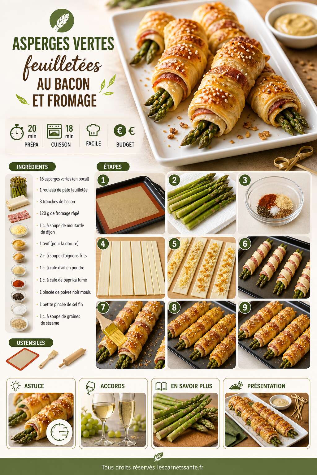 Fiche recette Recette d'asperges vertes feuillet&eacute;es au bacon et fromage