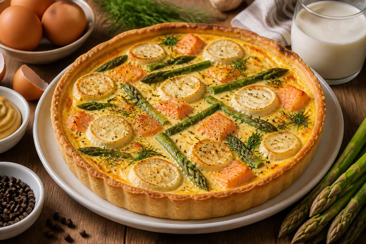 Recette de quiche au saumon, asperges vertes et chèvre
