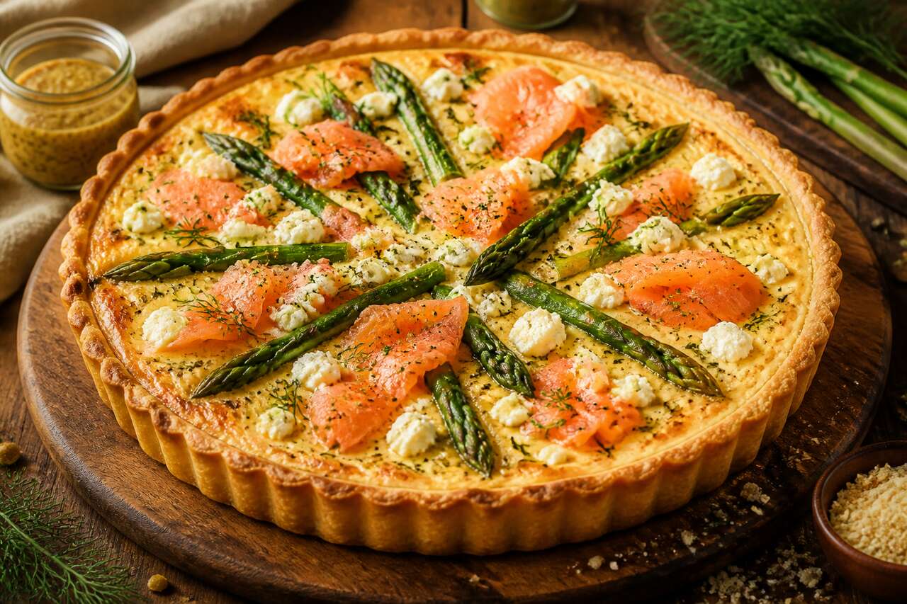 Recette de quiche aux asperges, saumon fumé et feta