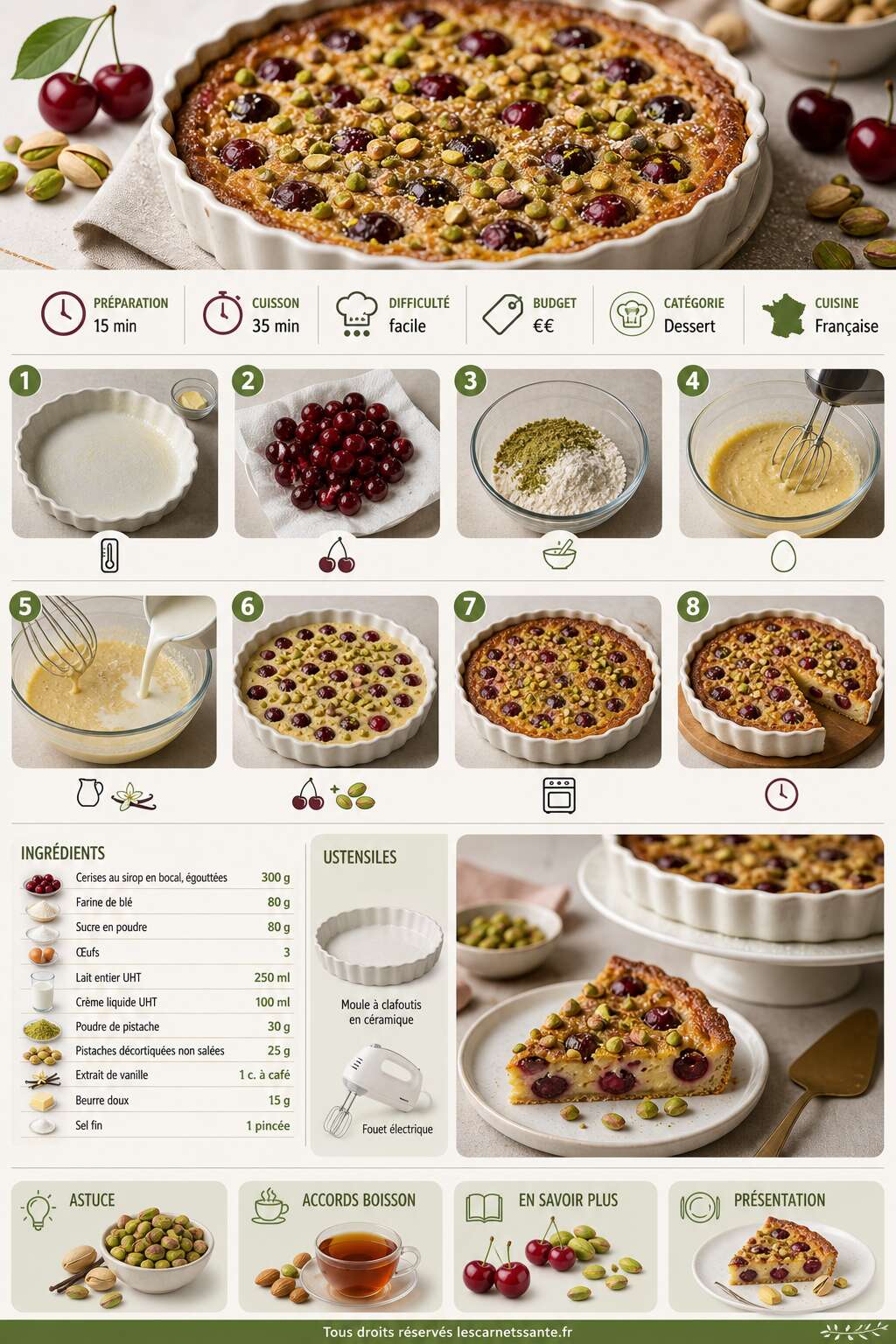 Fiche recette Recette du clafoutis aux cerises et pistaches