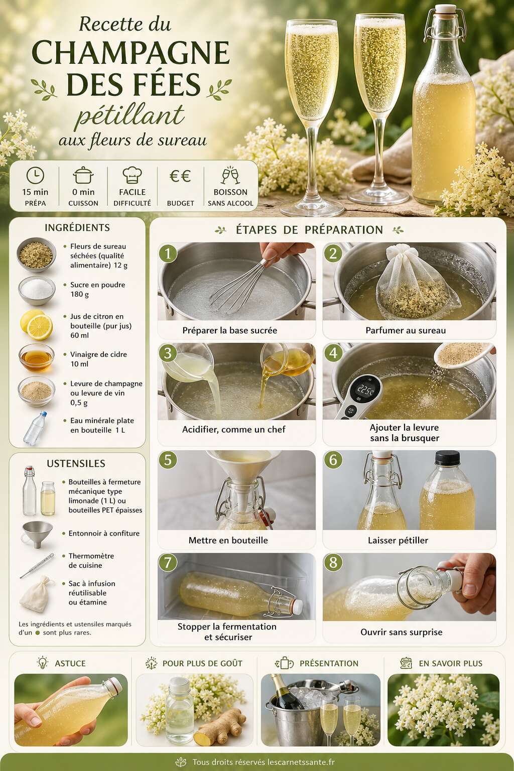Fiche recette Recette du champagne des fées pétillant aux fleurs de sureau Fiche recette Recette du champagne des fées pétillant aux fleurs de sureau