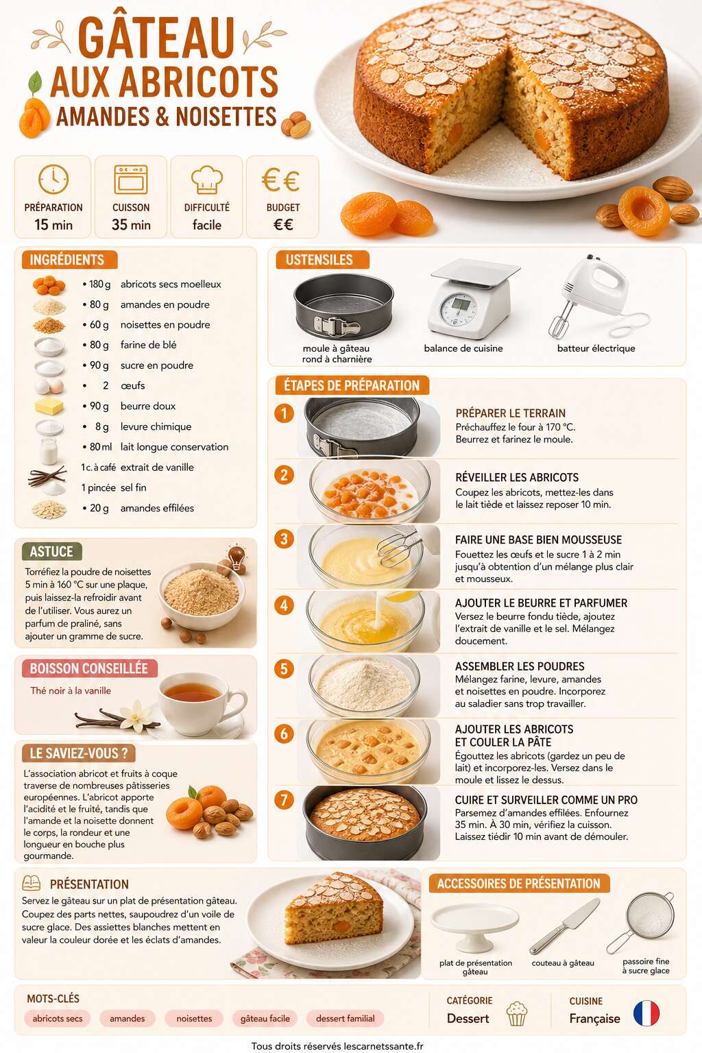 Fiche recette Recette de g&acirc;teau aux abricots, amandes et noisettes