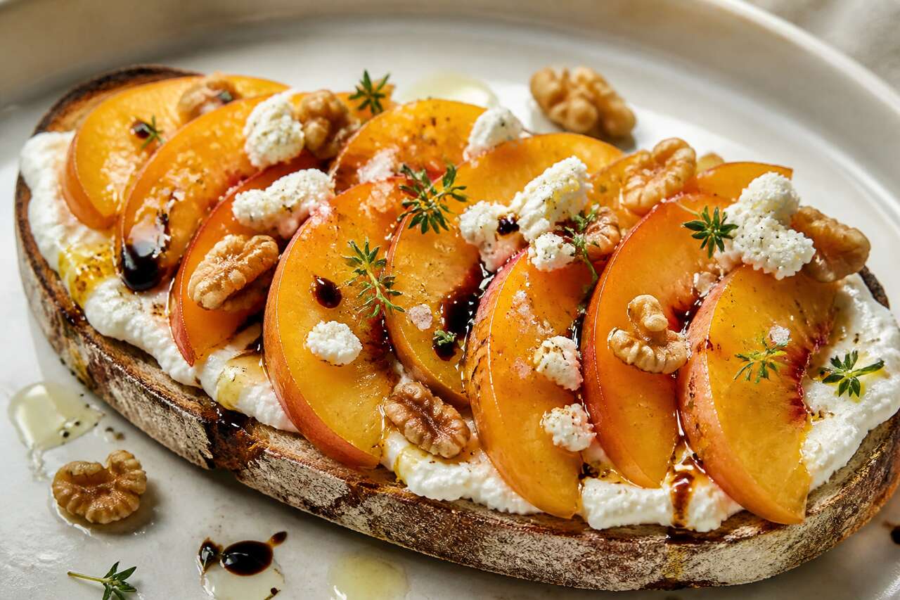 Recette de tartine au chèvre, ricotta et pêche