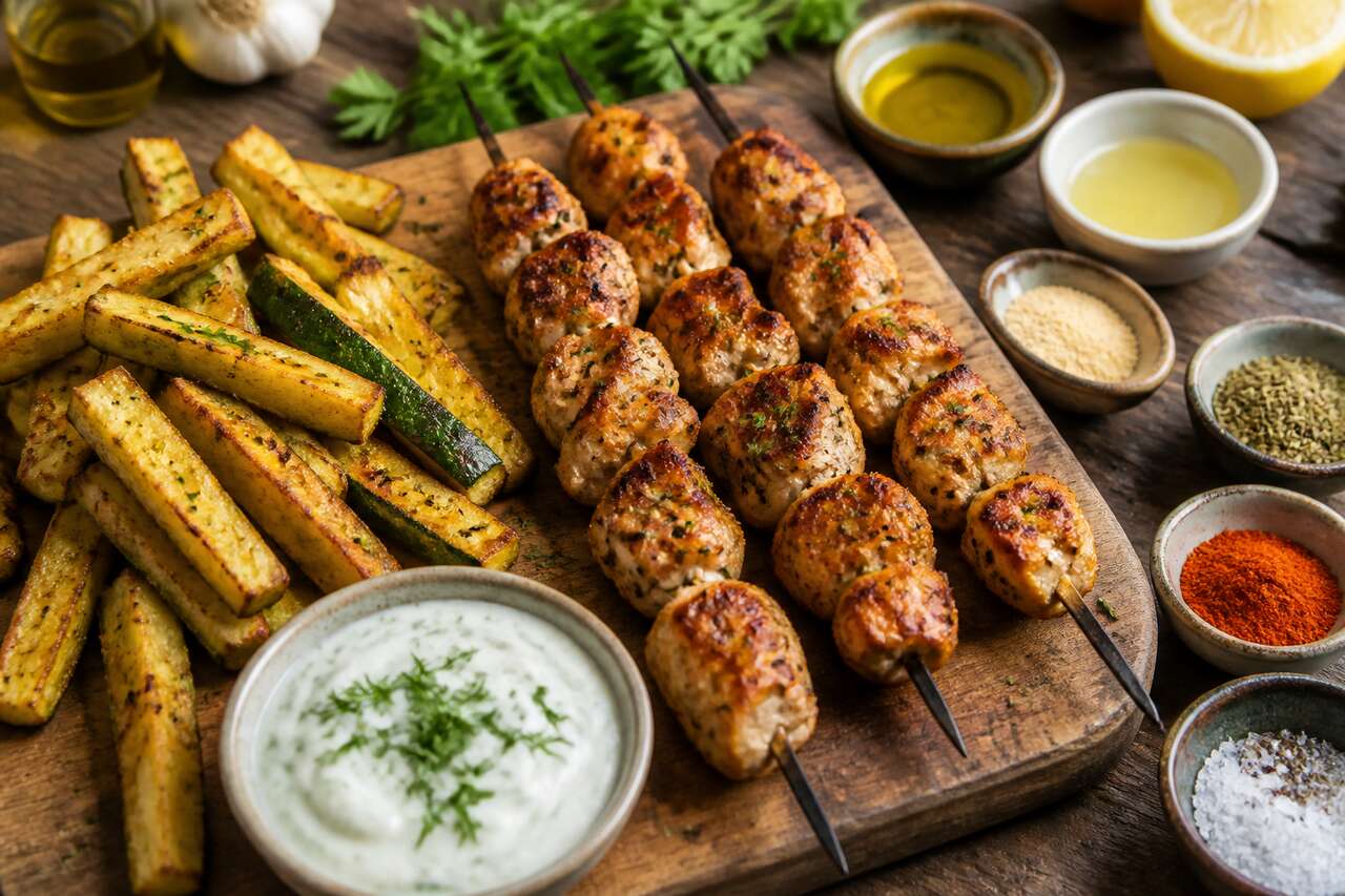 Recette de brochettes de poulet souvlaki et frites de courgette