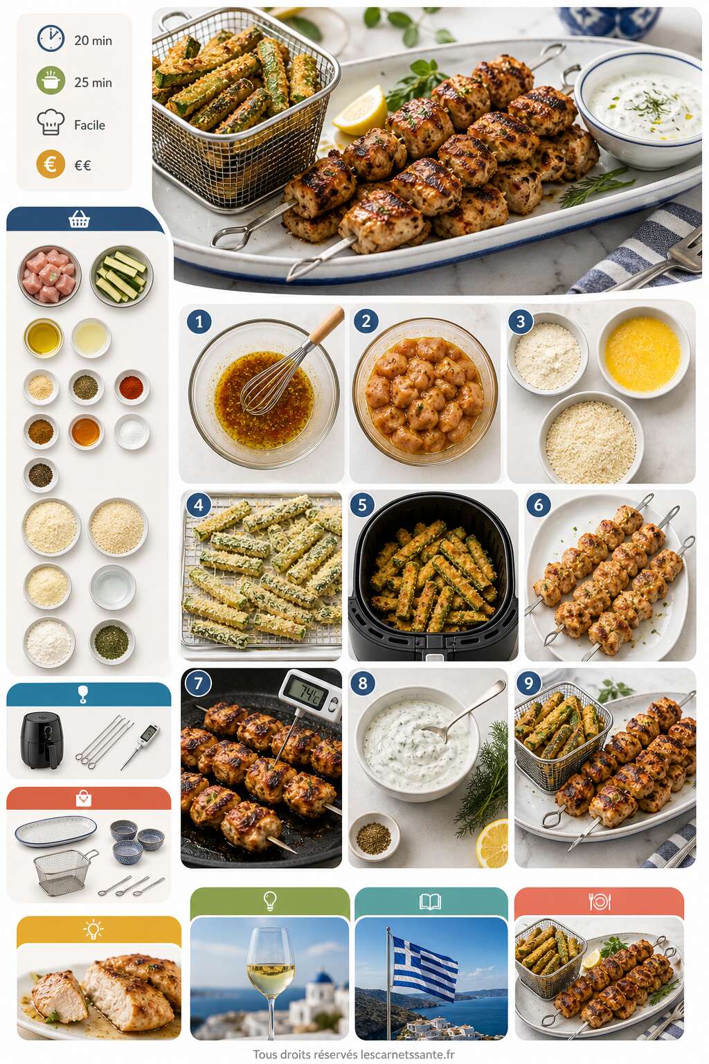 Fiche recette Recette de brochettes de poulet souvlaki et frites de courgette