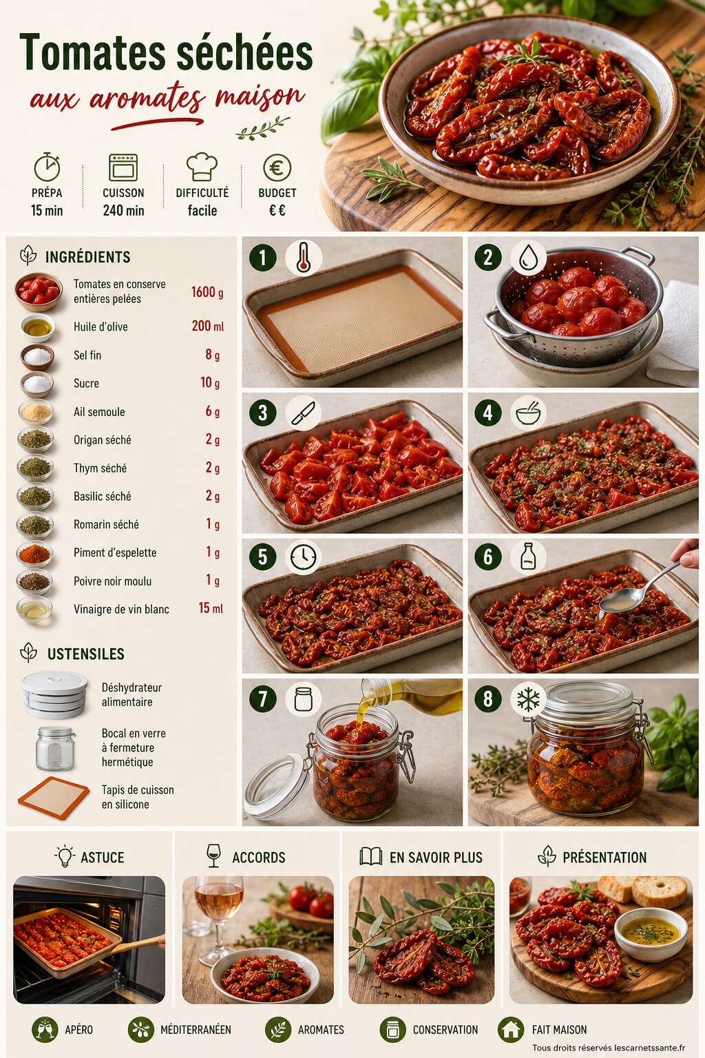 Fiche recette Recette de tomates s&eacute;ch&eacute;es aux aromates maison