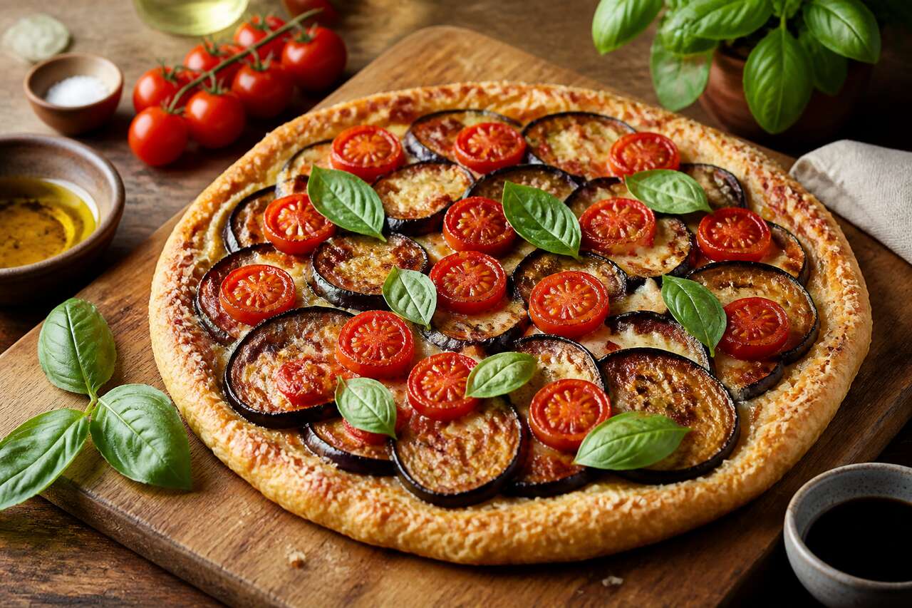 Recette de tarte rustique à l'aubergine et tomate cerise