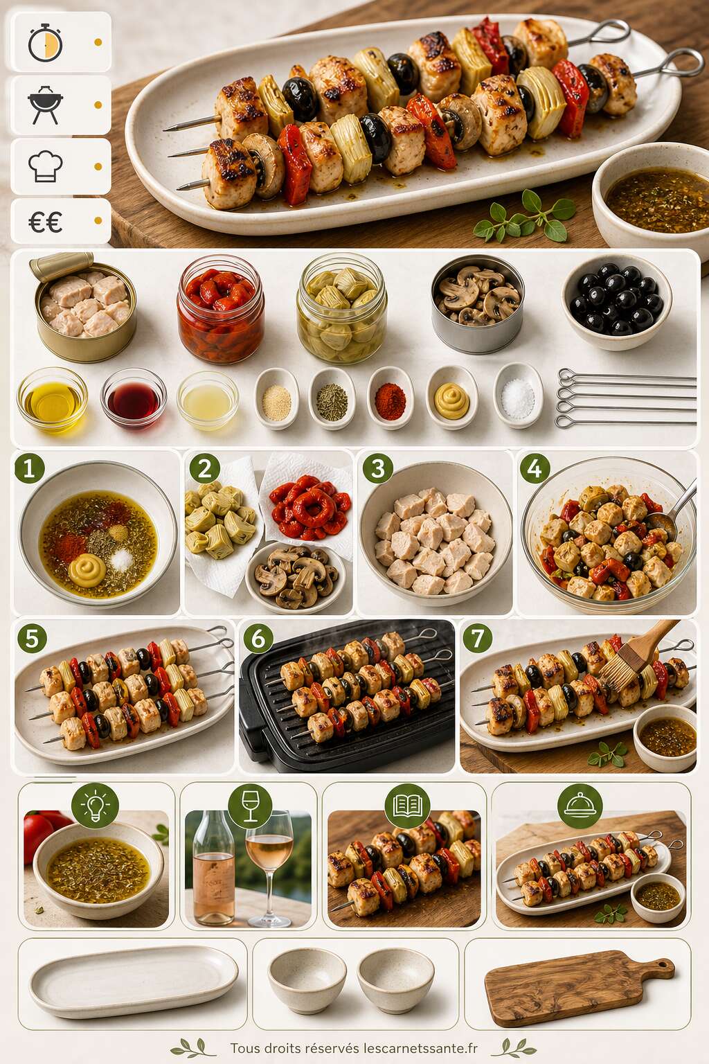 Fiche recette Recette de brochettes de poulet aux l&eacute;gumes marin&eacute;s