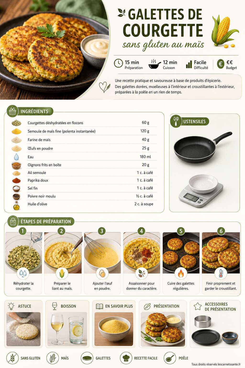Fiche recette Recette de galette de courgette sans gluten au maïs Fiche recette Recette de galette de courgette sans gluten au maïs