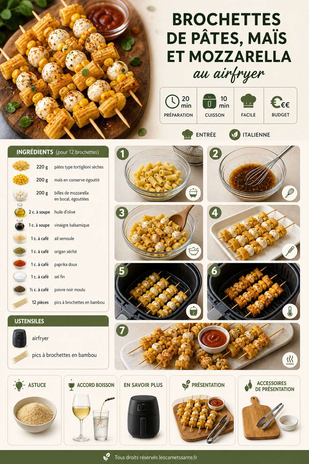 Fiche recette Recette de brochettes de p&acirc;tes, ma&iuml;s et mozzarella au airfryer