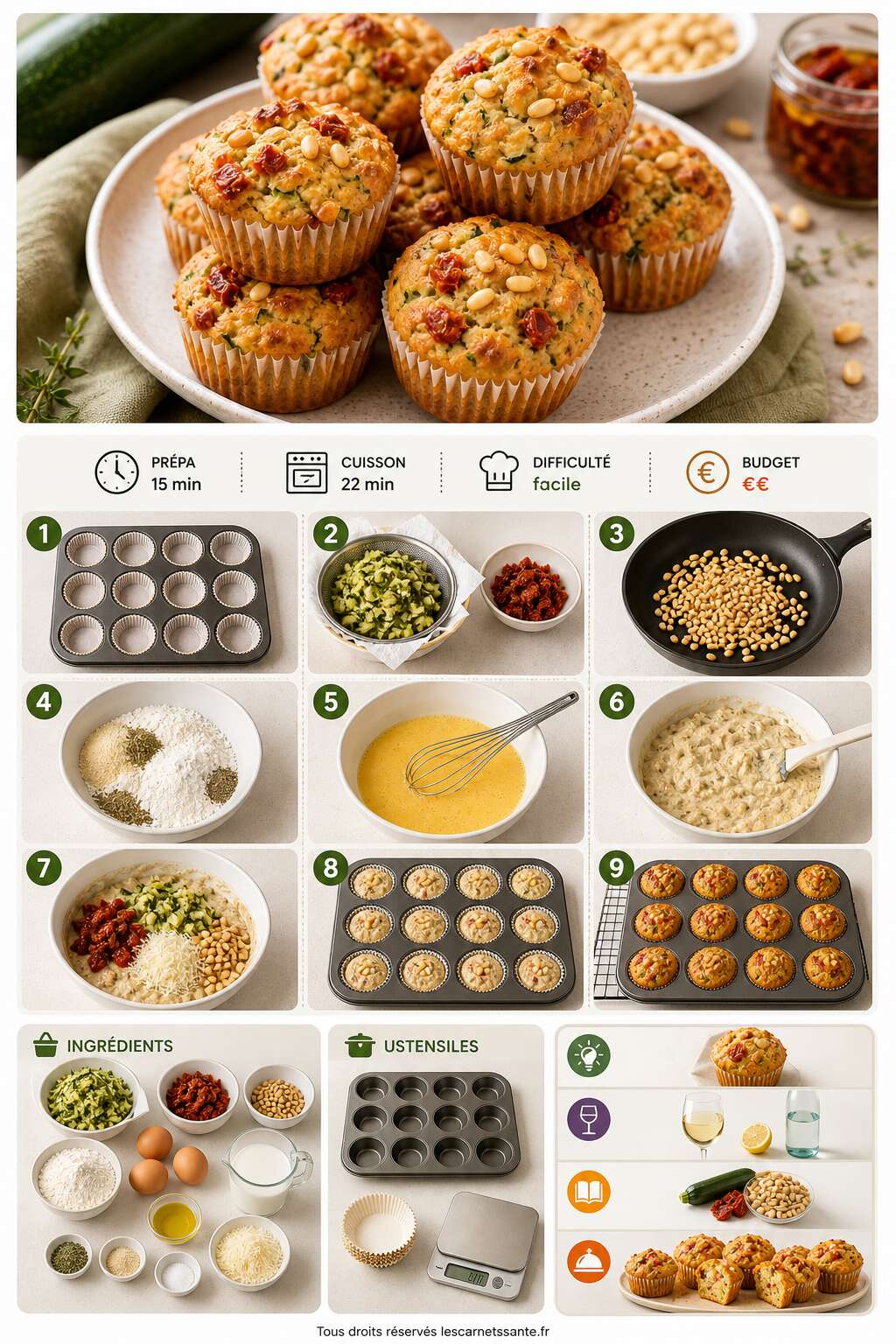Fiche recette Recette de muffins courgette, tomates et pignons de pin