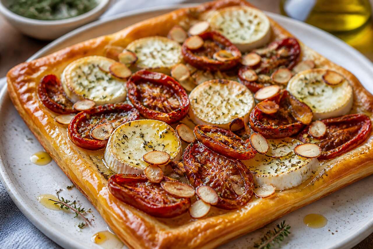 Recette de tartelette fine tomate, chèvre et amandes