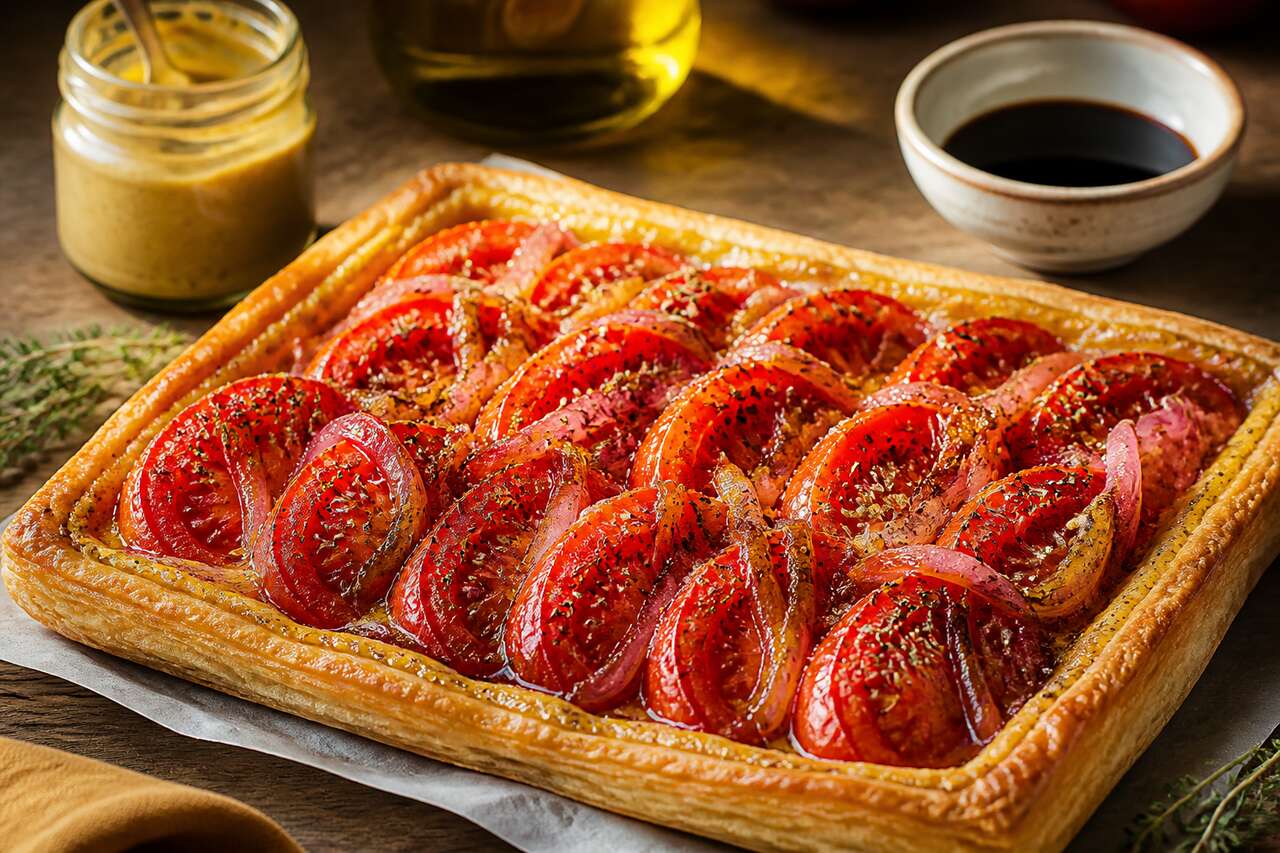 Recette de tarte à la tomate, oignon et miel