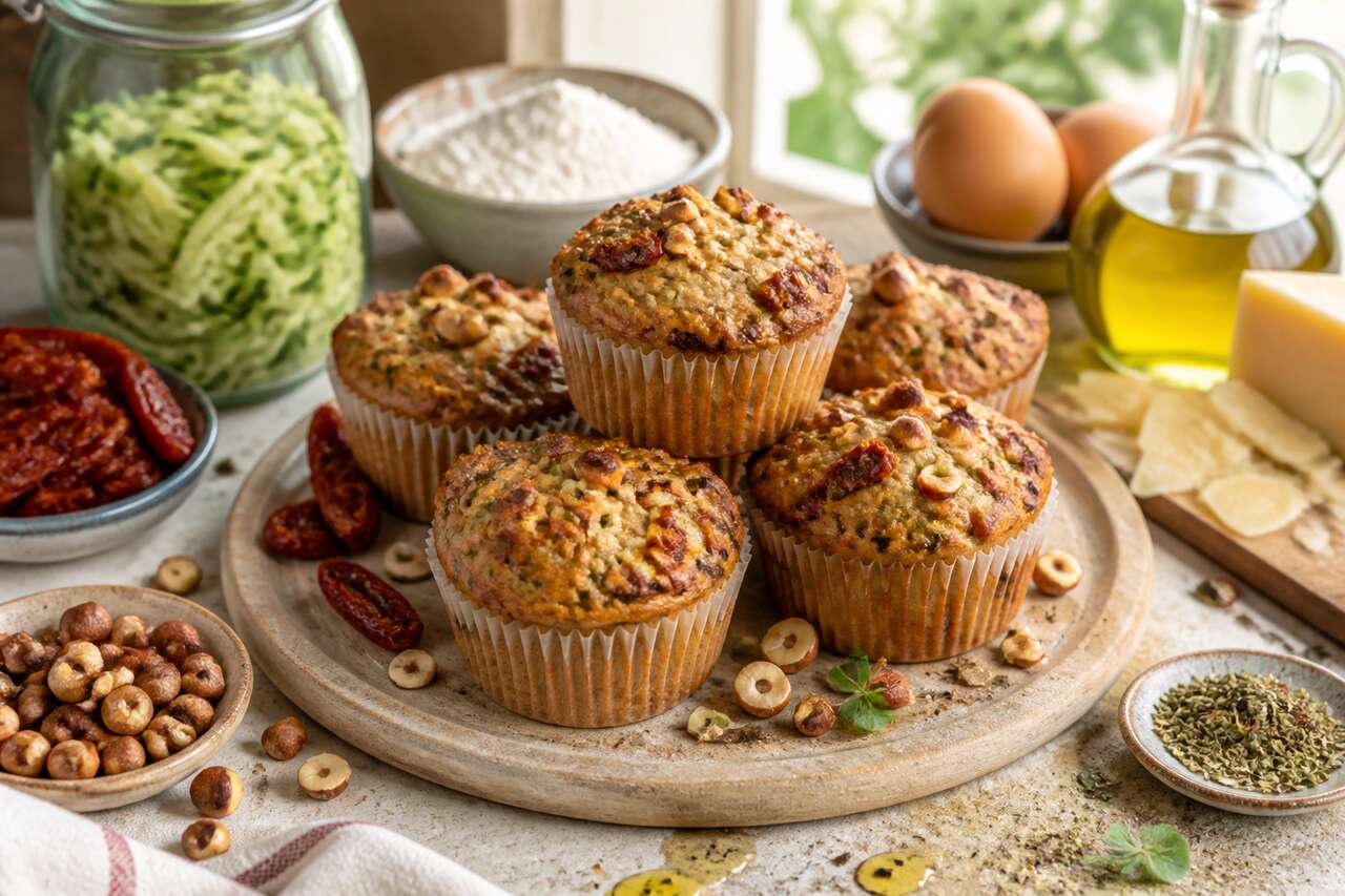 Recette de muffins à la courgette, tomates séchées et noisettes