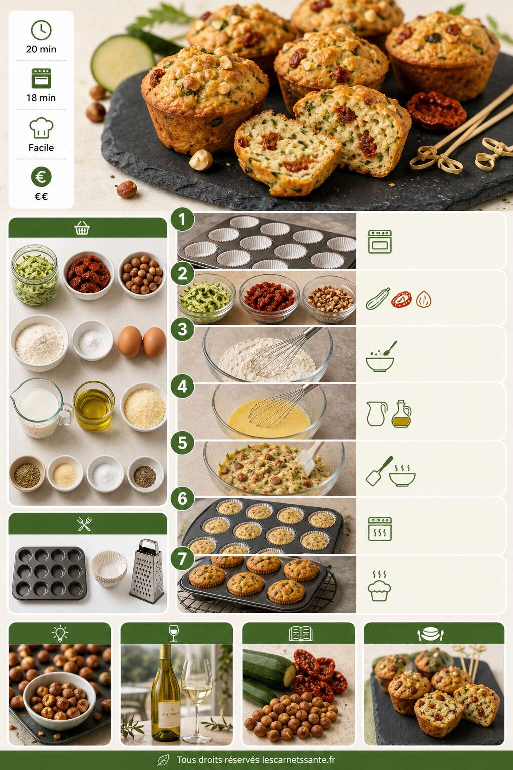 Fiche recette Recette de muffins &agrave; la courgette, tomates s&eacute;ch&eacute;es et noisettes