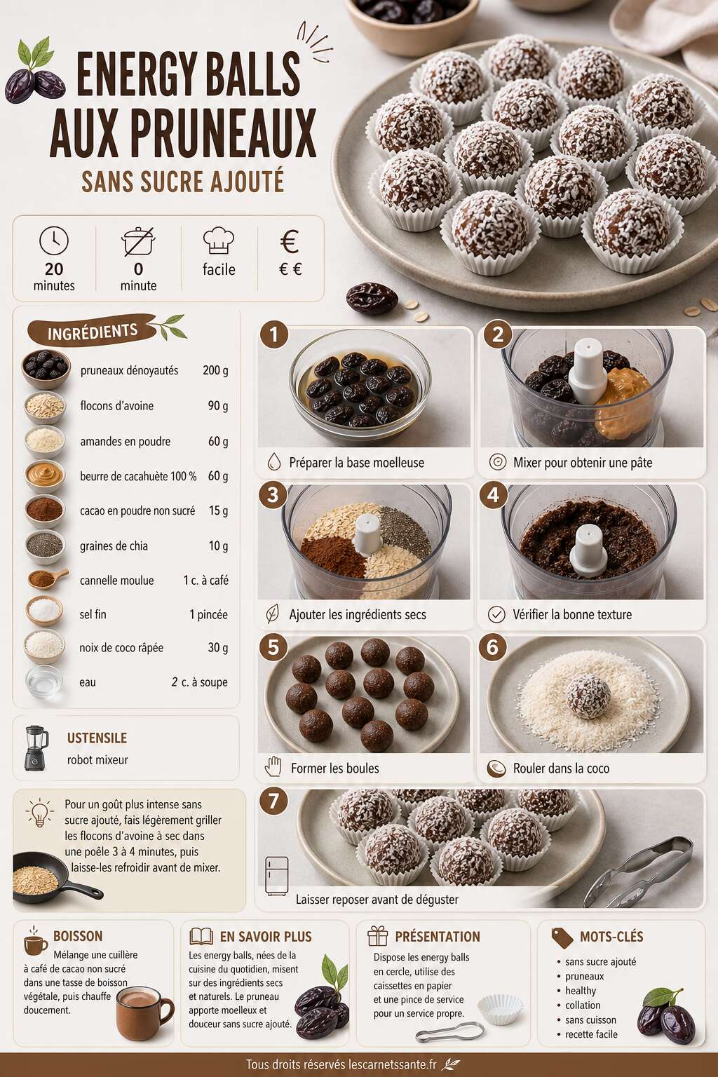 Fiche recette Recette d'energy balls aux pruneaux sans sucre ajouté Fiche recette Recette d'energy balls aux pruneaux sans sucre ajouté
