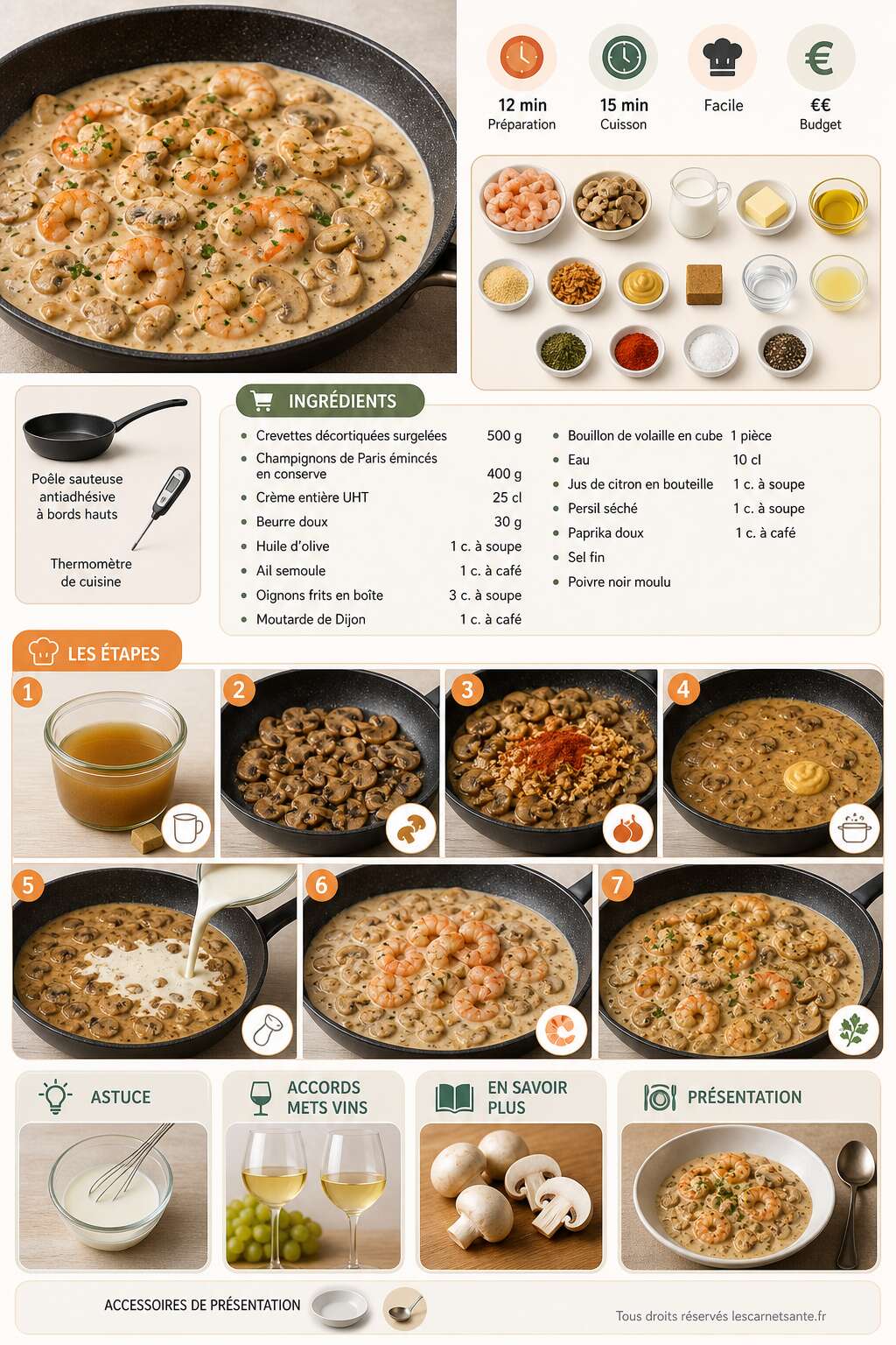 Fiche recette Recette de crevettes aux champignons &agrave; la cr&egrave;me