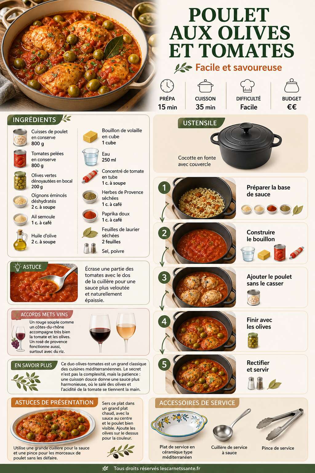 Fiche recette Recette de poulet aux olives et tomates facile et savoureuse