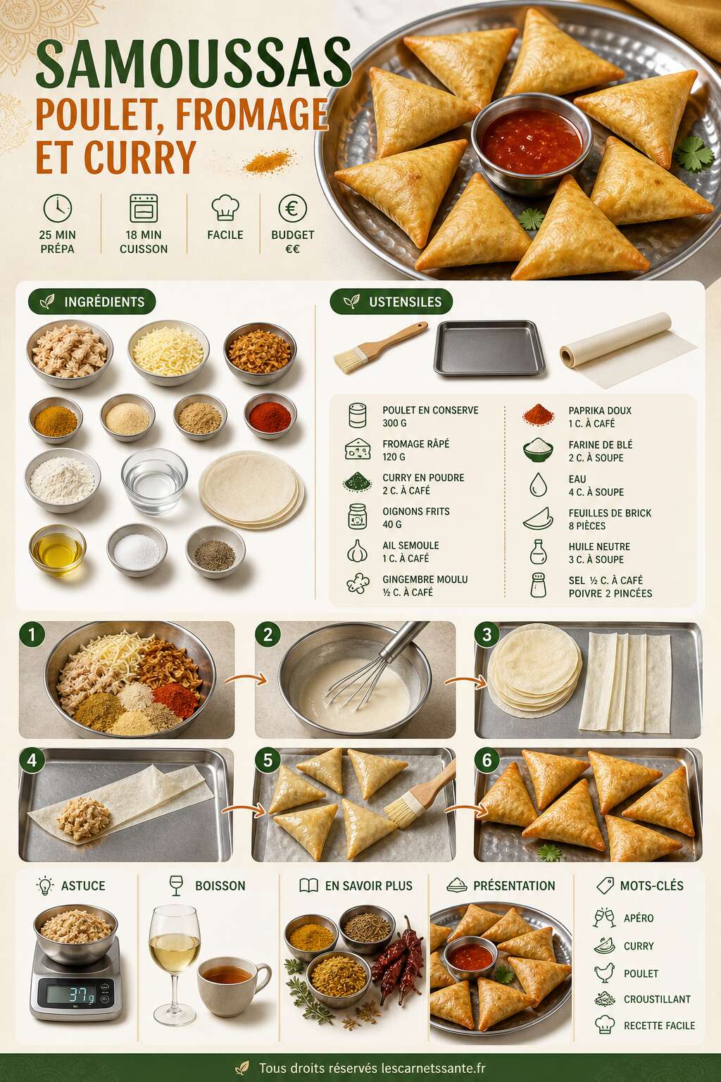 Fiche recette Recette de samoussas au poulet, fromage et curry