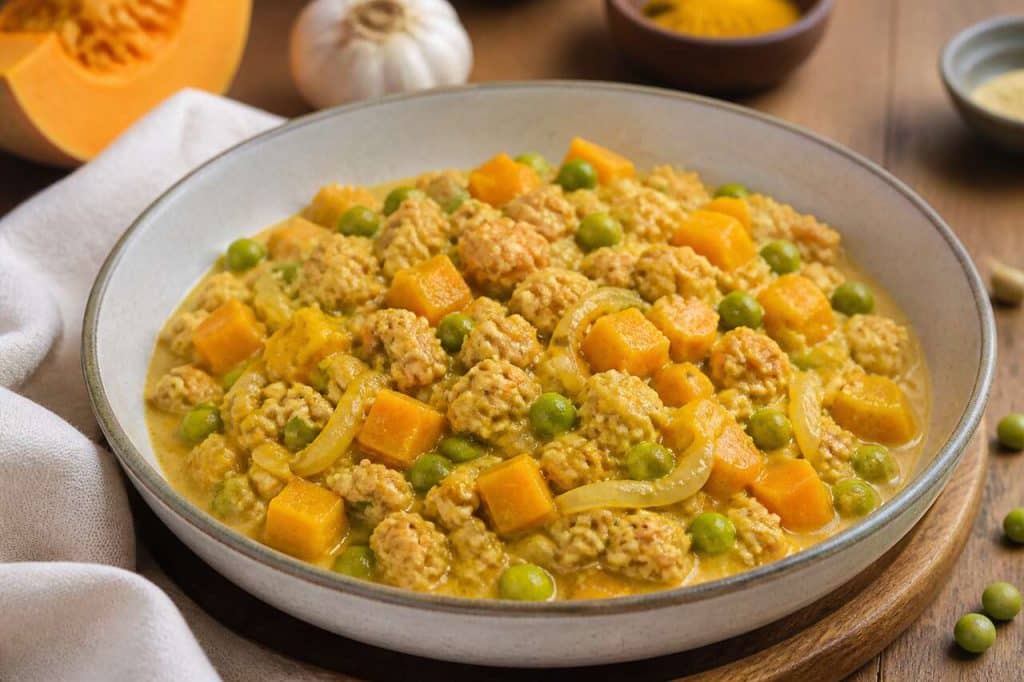 Recette de hachis de poulet au lait de coco, butternut et petits pois