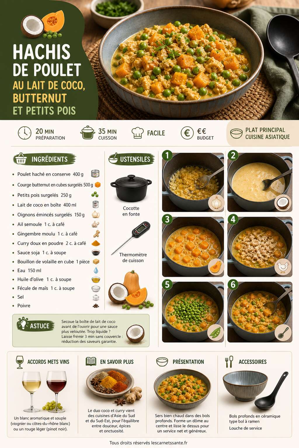 Fiche recette Recette de hachis de poulet au lait de coco, butternut et petits pois
