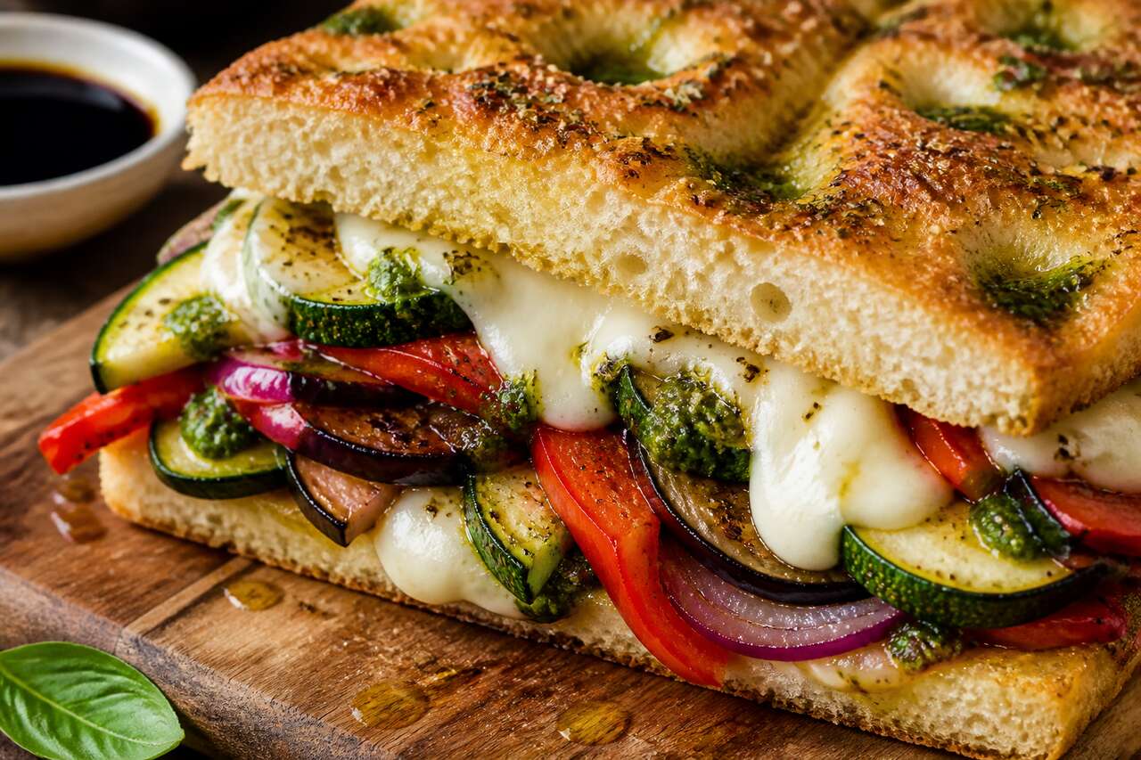 Recette de sandwich focaccia aux légumes rôtis et mozzarella