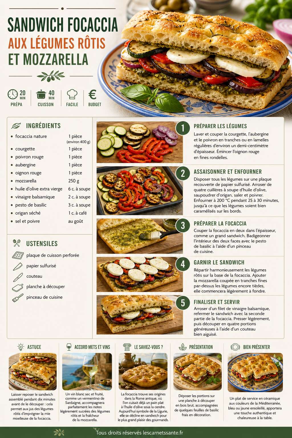 Fiche recette Recette de sandwich focaccia aux l&eacute;gumes r&ocirc;tis et mozzarella