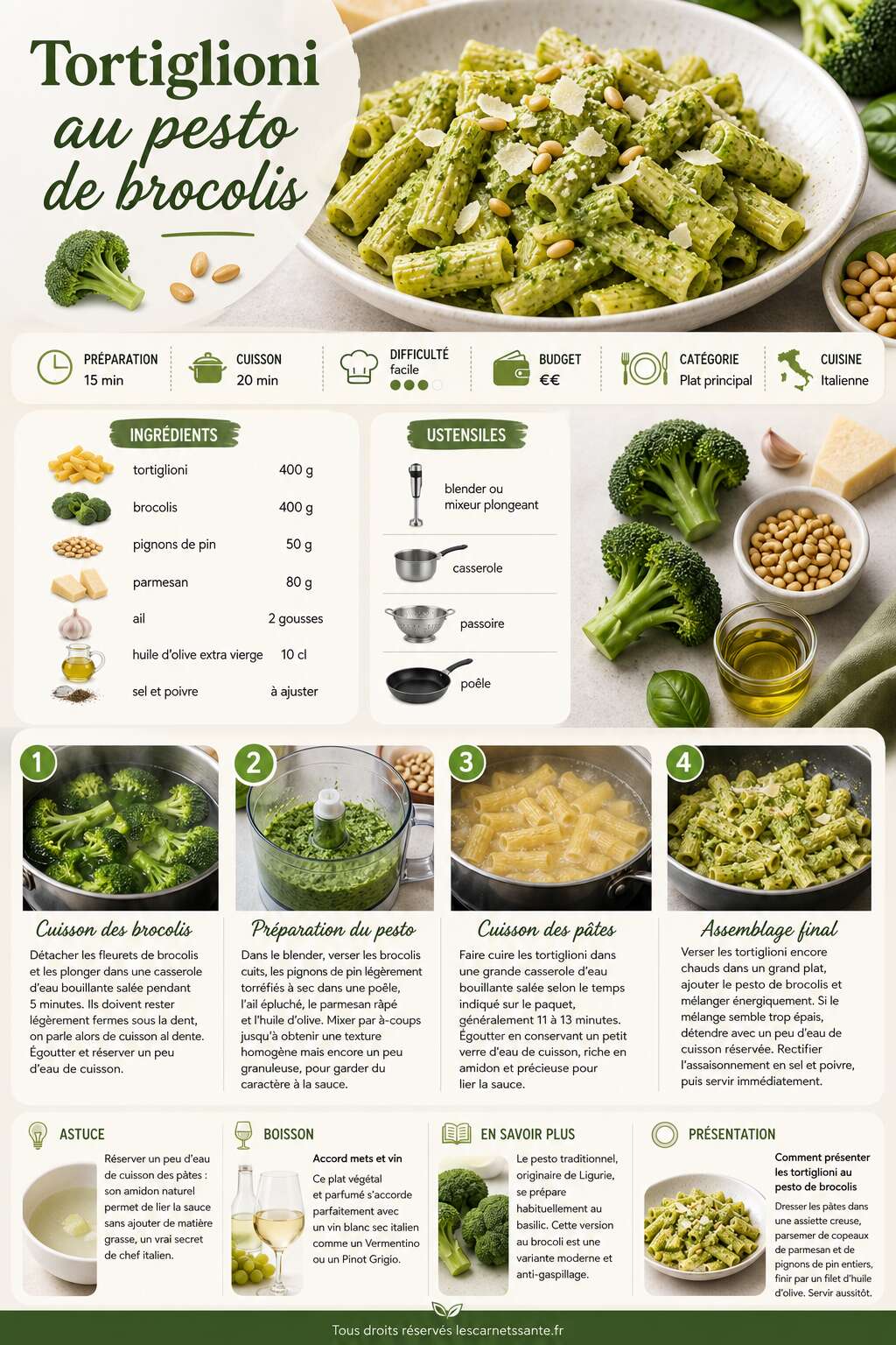 Fiche recette Recette de tortiglioni au pesto de brocolis