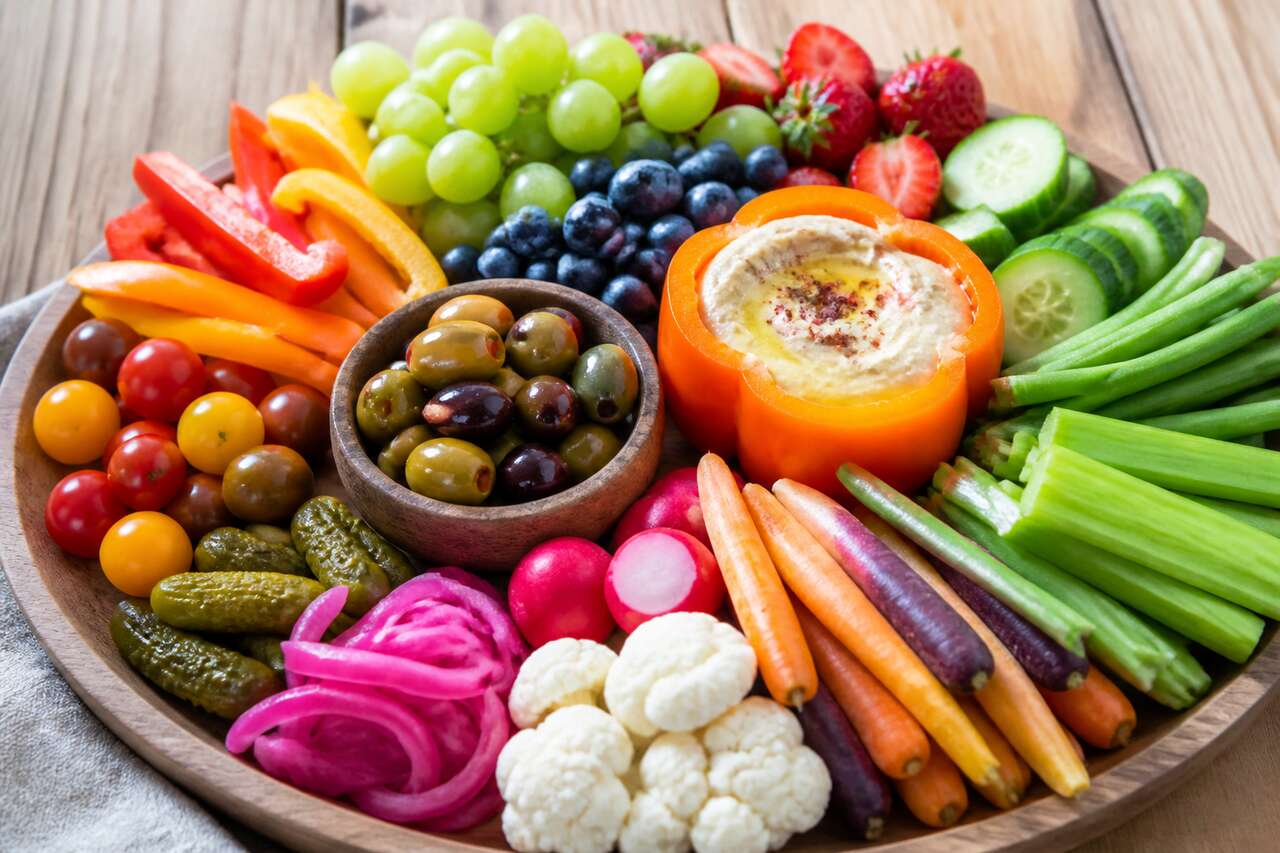 Fraîcheur et croquant: crudités, fruits, olives et pickles Fraîcheur et croquant: crudités, fruits, olives et pickles